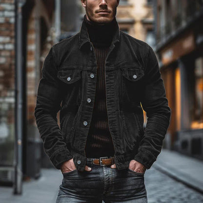Cordjacke | Mit Knöpfen | Reguläre Passform | Übergangsjacke | Herrenjacke-Schwarz-S-Chaps Herrenmode