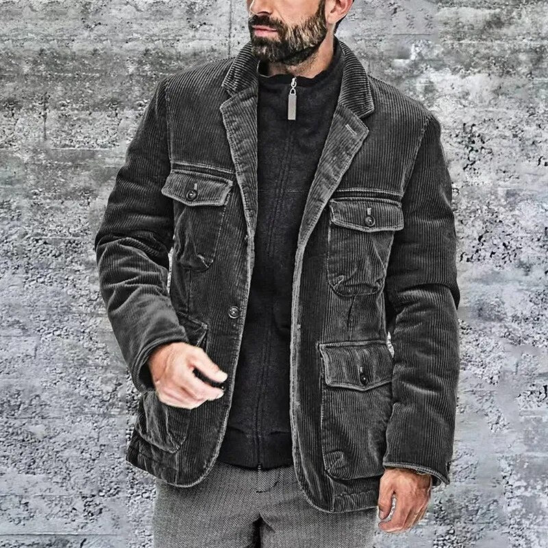 Cordjacke - Taschen - Knopfleiste - Herrenjacke - Cargo Jacke-Schwarz-S-Chaps Herrenmode