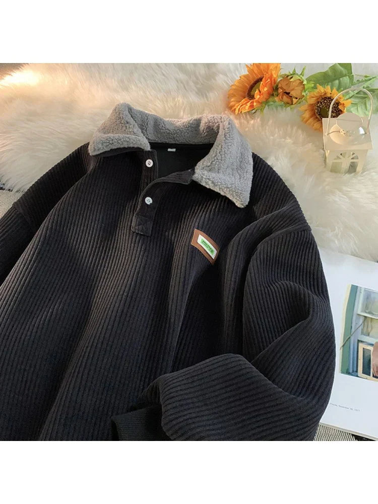 Cordpullover – Warmer Pullover mit Kragen für Männer-Schwarz-S-Chaps Herrenmode