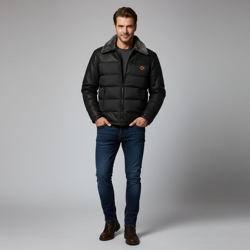 Daunenjacke – mit Reißverschluss – Pelzkragen – Winterlederjacke – Winterjacke für Männer-Schwarz-S-Chaps Herrenmode