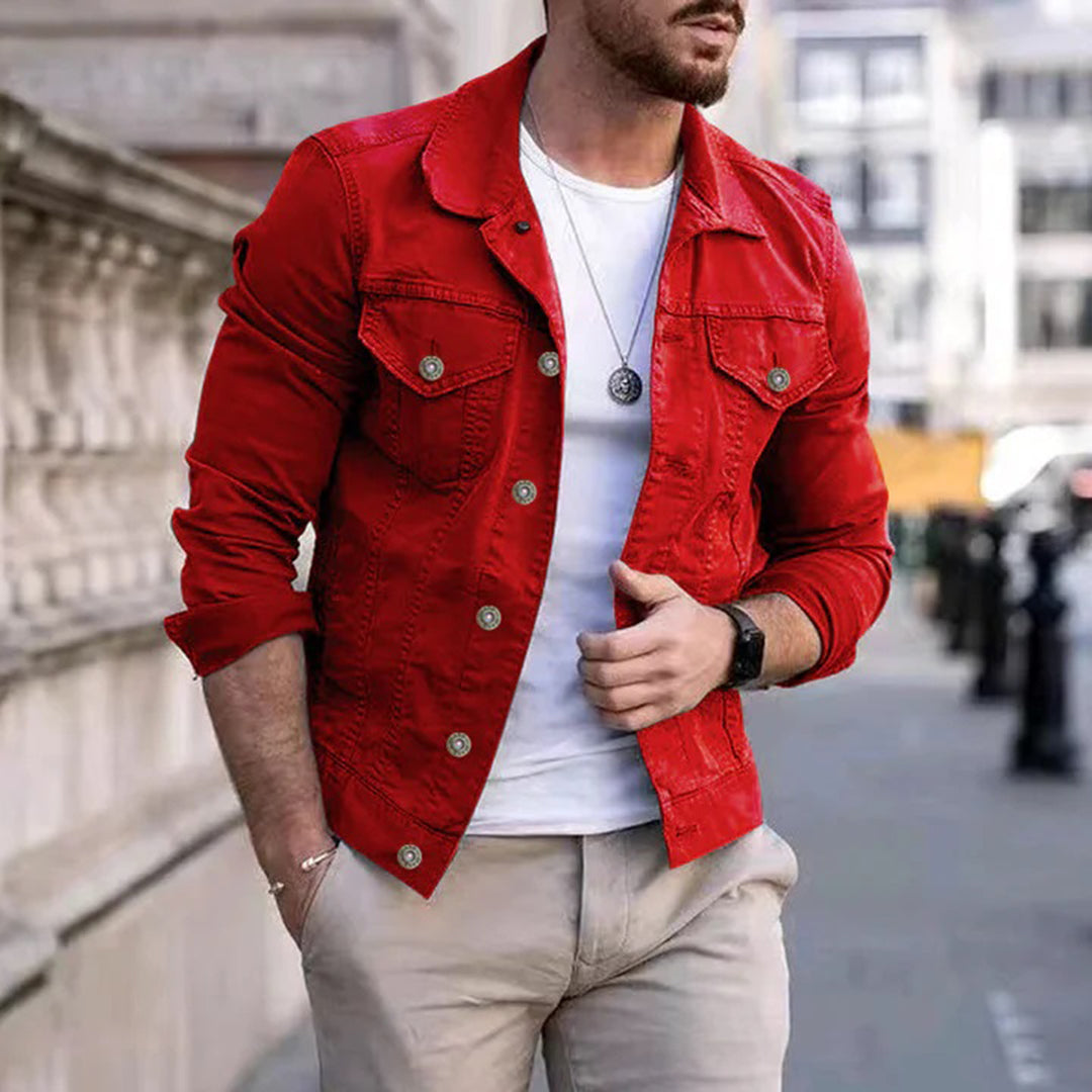 Denim Jacket | Brusttaschen | Slim Fit | Sommerjacke | Herrenjacke-Rot-S-Chaps Herrenmode