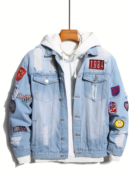 Denim Jacket - Casual - Hellblau - Jeansjacke mit Patches - Herrenjacke-Chaps Herrenmode