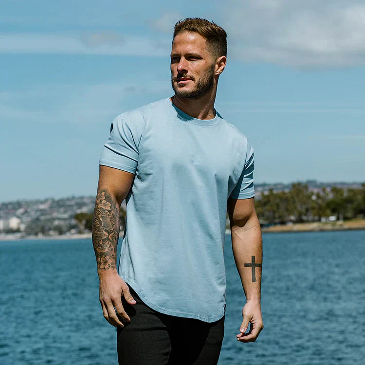 Einfarbiges T-Shirt – Herren-T-Shirt mit Rundhalsausschnitt-Himmelblau-S-Chaps Herrenmode