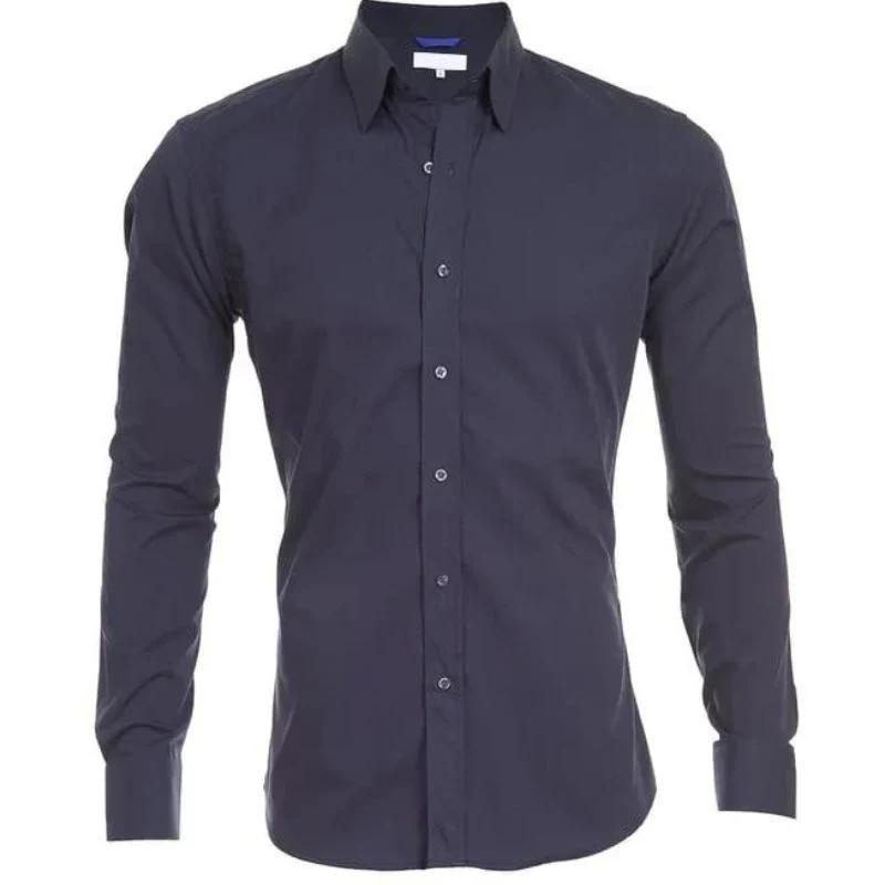 Faltenfreies Hemd – Langärmeliges, Bügelfreies Herrenhemd mit Knopfleiste-Marineblau-S-Chaps Herrenmode