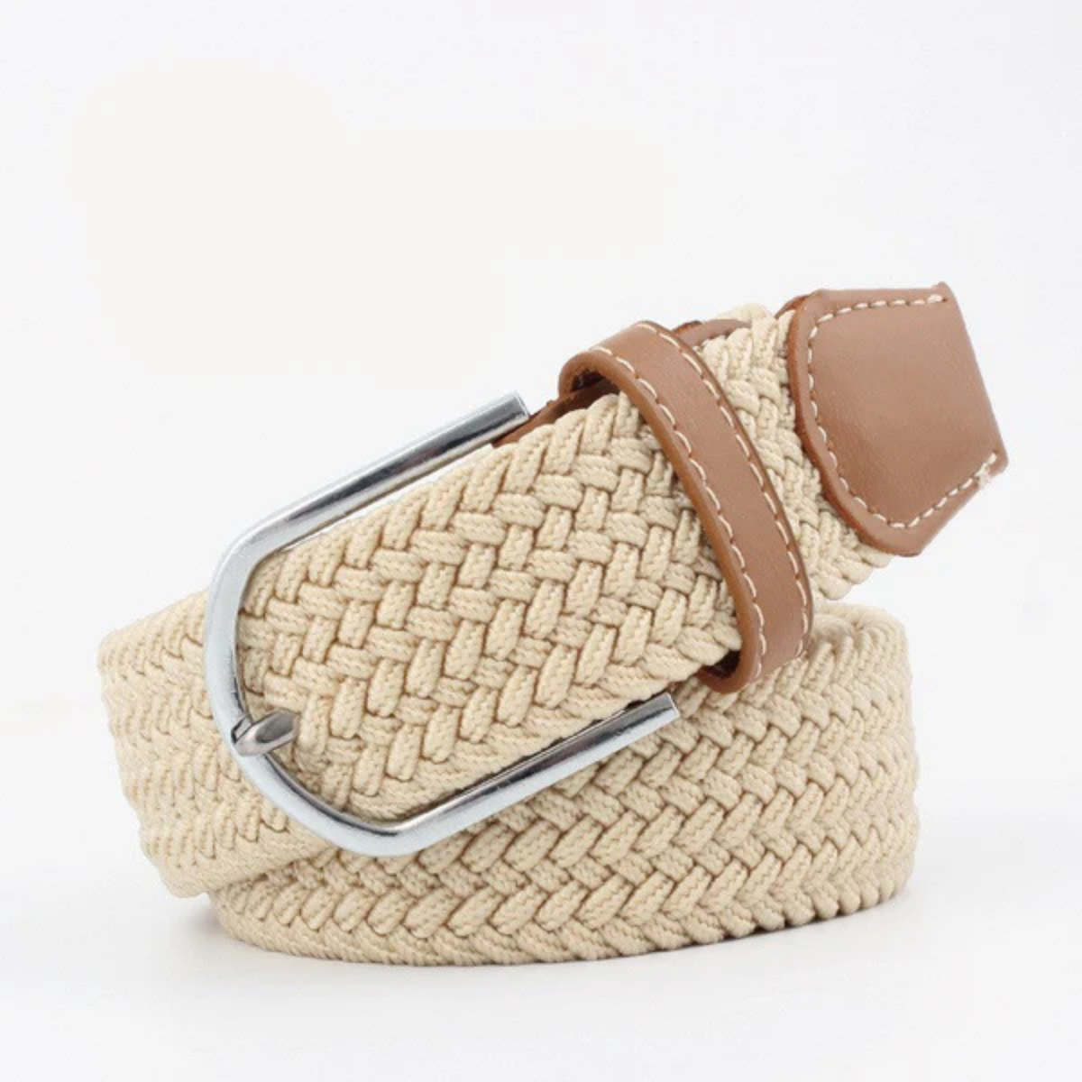 Flechtgürtel Herren | Stoffgürtel | Dehnbar | Lederdetails-Beige-76-86 cm-Chaps Herrenmode
