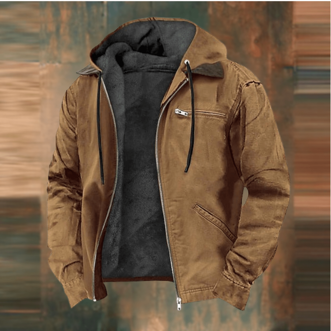 Fleece-gefütterte Jacke – mit Kapuze – mit Reißverschluss – Winterjacke – Herrenjacken-Braun-S-Chaps Herrenmode