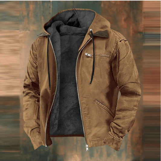 Fleece-gefütterte Jacke – mit Kapuze – mit Reißverschluss – Winterjacke – Herrenjacken-Braun-S-Chaps Herrenmode