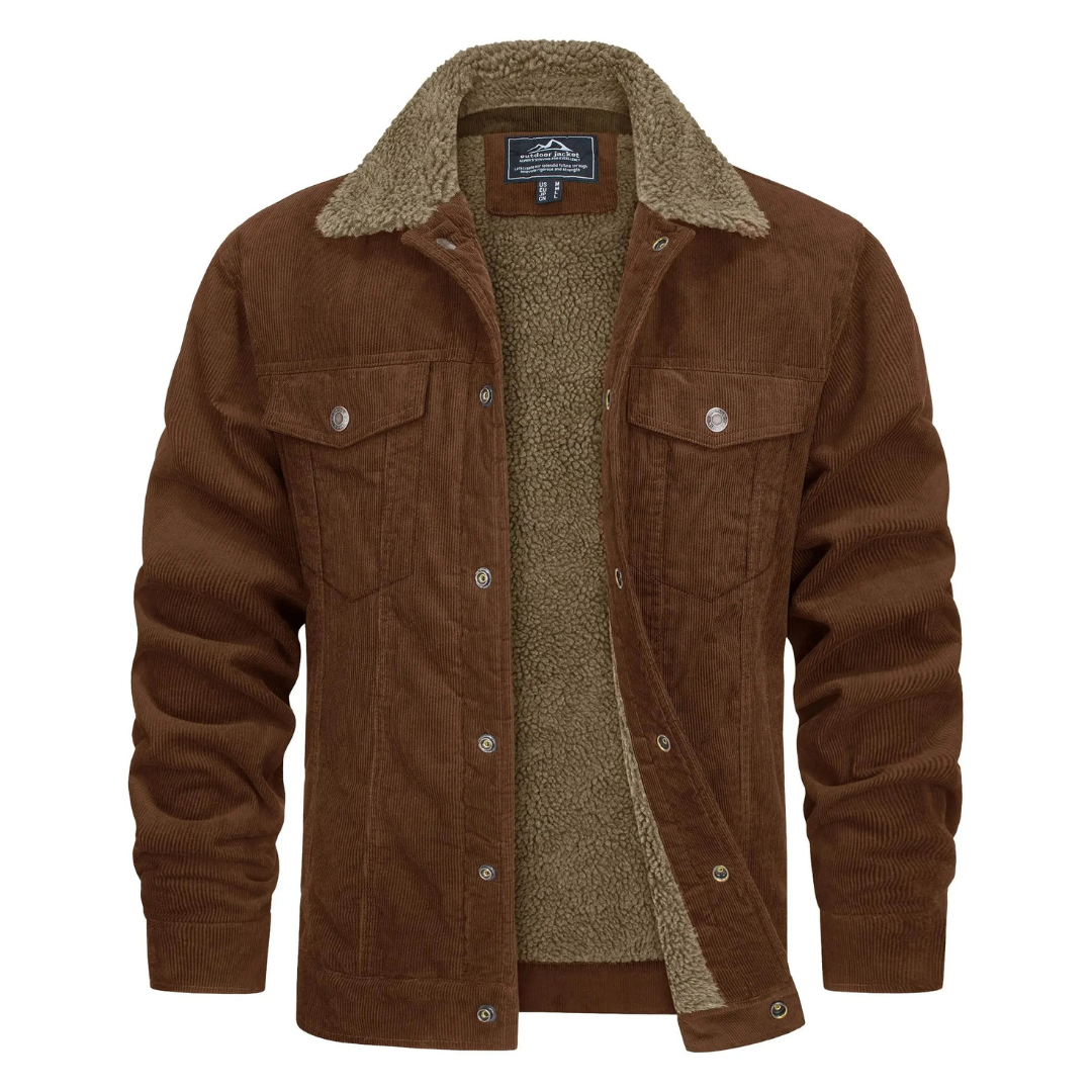 Fleecegefütterte Jacke – Cord – Reguläre Passform – Winterjacke – Herrenjacke-Braun-S-Chaps Herrenmode