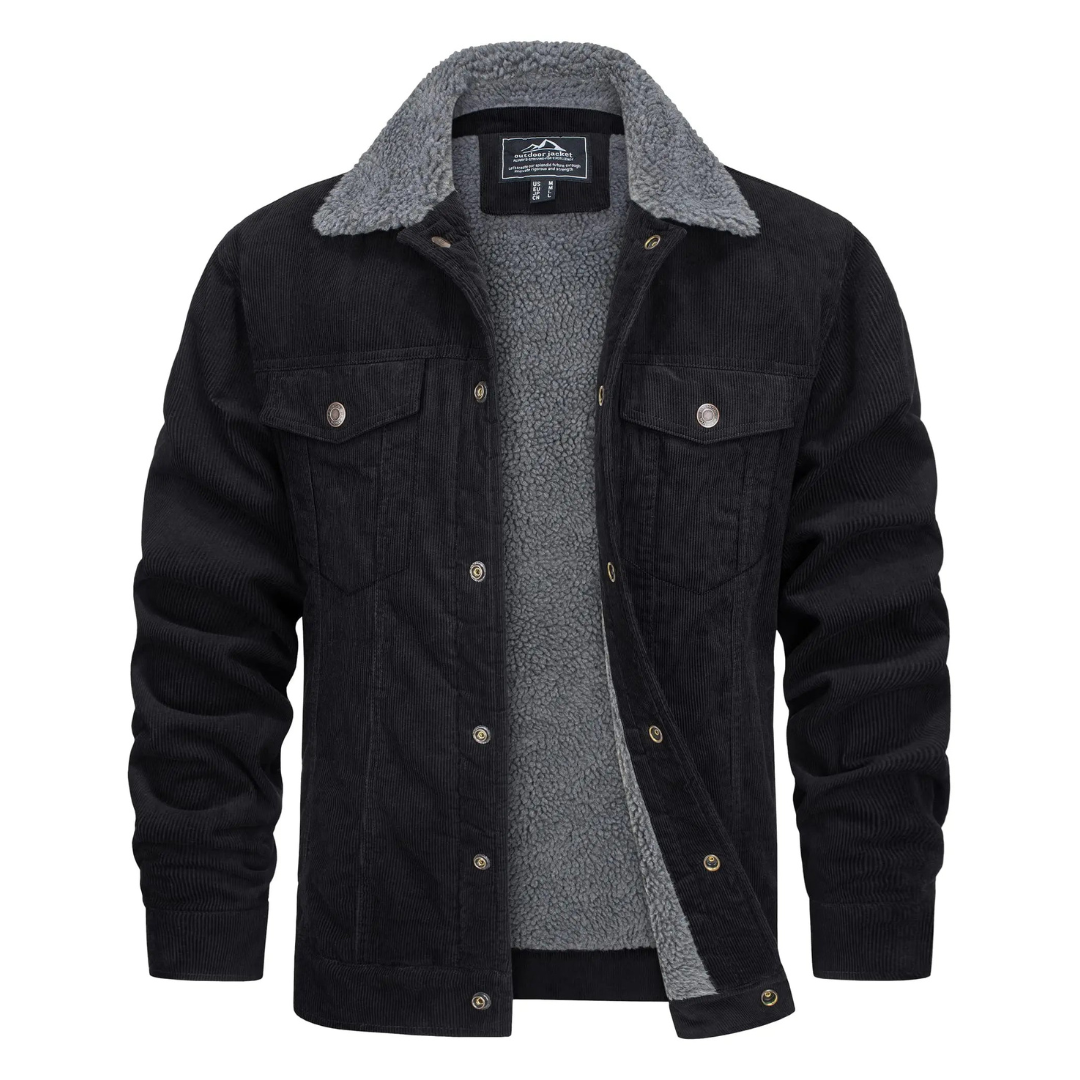 Fleecegefütterte Jacke – Cord – Reguläre Passform – Winterjacke – Herrenjacke-Schwarz-S-Chaps Herrenmode