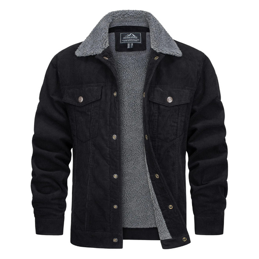 Fleecegefütterte Jacke – Cord – Reguläre Passform – Winterjacke – Herrenjacke-Schwarz-S-Chaps Herrenmode