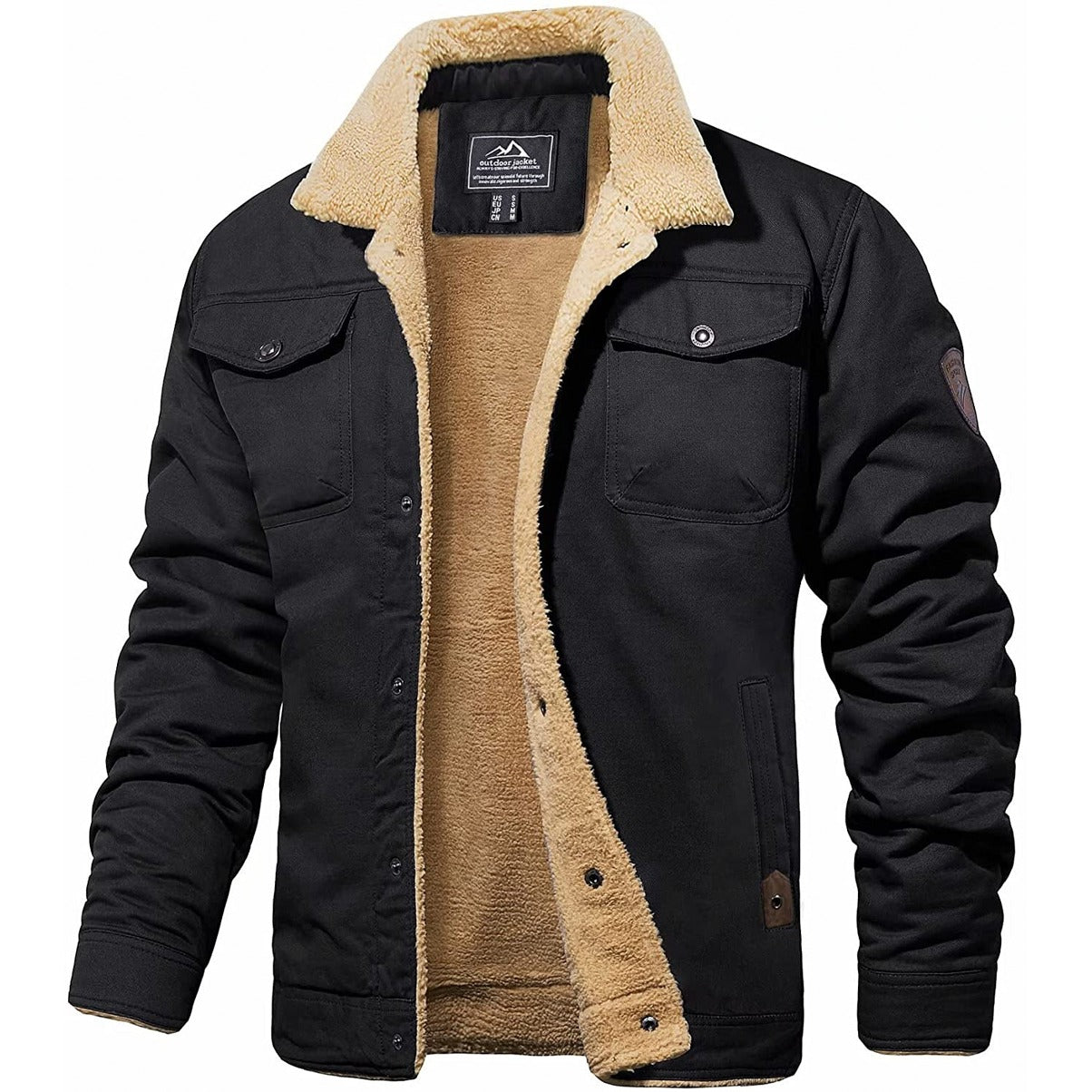 Fleecegefütterte Jacke | Knopfleiste | Brusttaschen | Winterjacke | Herrenjacke-Schwarz-S-Chaps Herrenmode
