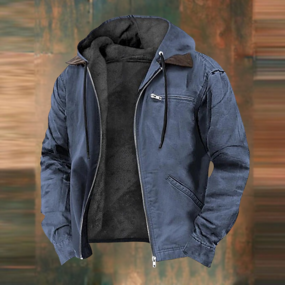 Fleecegefütterte Jacke – mit Kapuze – Reißverschluss – Herbstjacke – Herrenjacke-Blau-XXS-Chaps Herrenmode
