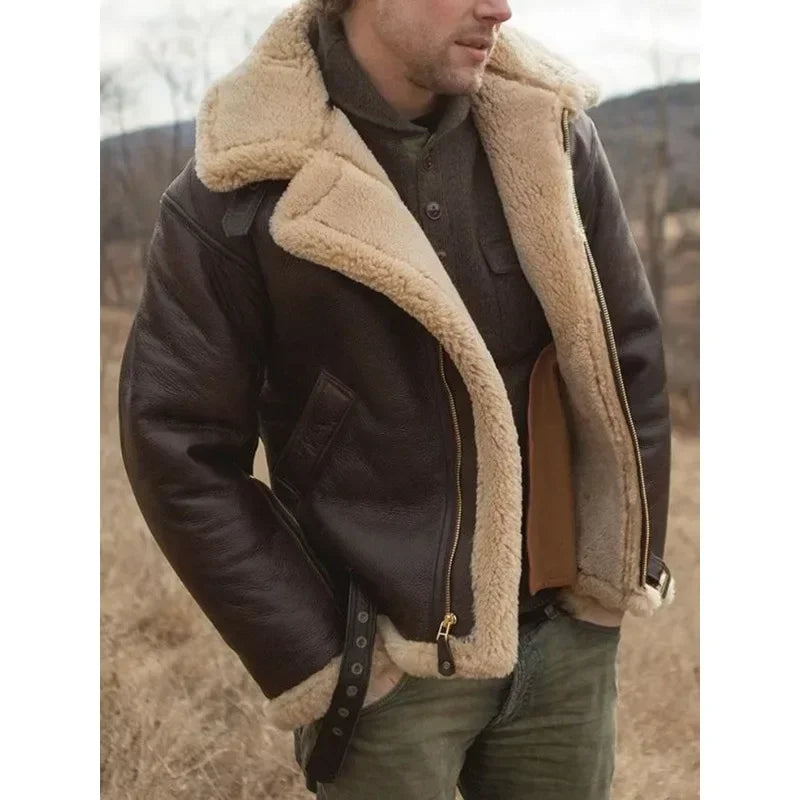 Fliegerjacke – Warm – Mit Fell gefüttert – Winterlederjacke – Herren-Winterjacke-Braun-S-Chaps Herrenmode