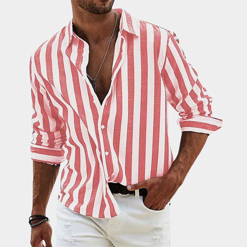 Gestreiftes Hemd | Button-Up | Sommer | Langarmhemd | Herrenhemd-Rot-S-Chaps Herrenmode