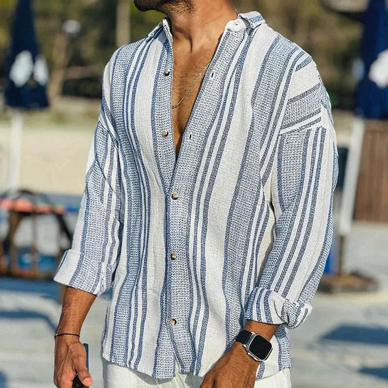 Gestreiftes Hemd - Lange Ärmel - Lose Passform - Leinenhemd - Herren Sommerhemd-Blau-S-Chaps Herrenmode
