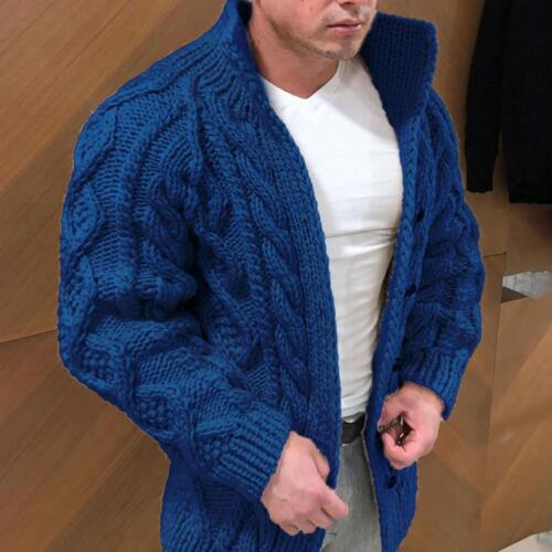 Gestrickte Strickjacke | Stehkragen | Button-Up | Grobstrickjacke | Herrenstrickwaren-Blau-M-Chaps Herrenmode
