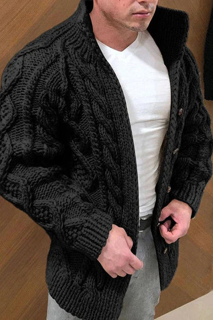 Gestrickte Strickjacke | Stehkragen | Button-Up | Grobstrickjacke | Herrenstrickwaren-Schwarz-M-Chaps Herrenmode
