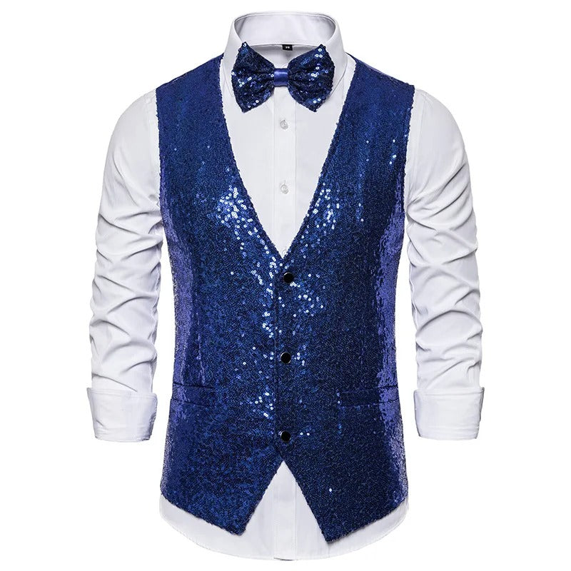 Glitzerweste – ärmellose, einreihige Partyweste und Fliege für Herren mit Glitzersteinen-Königsblau-S-Chaps Herrenmode