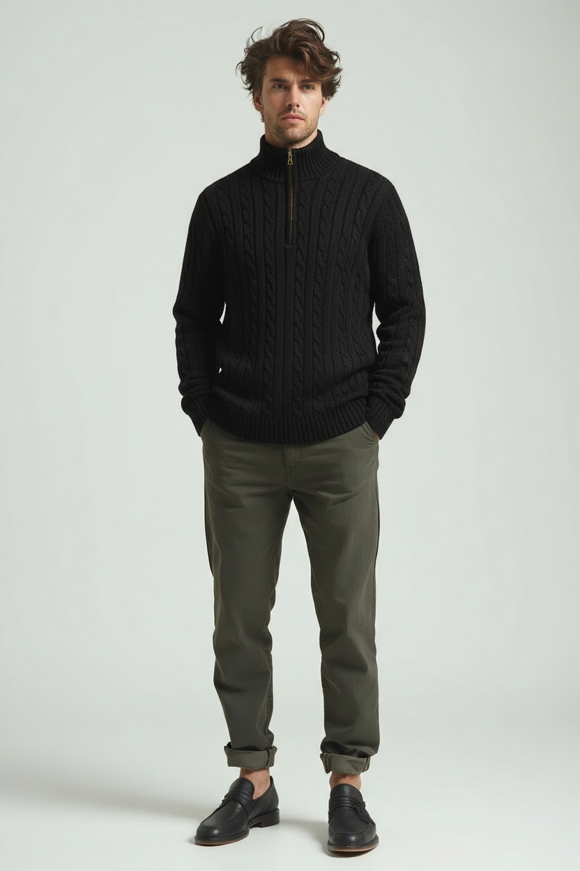Halb-Reißverschluss-Pullover – Herren-Pullover mit Zopfmuster und Viertel-Reißverschluss-Schwarz-S-Chaps Herrenmode