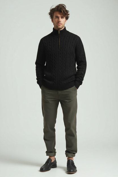 Halb-Reißverschluss-Pullover – Herren-Pullover mit Zopfmuster und Viertel-Reißverschluss-Schwarz-S-Chaps Herrenmode