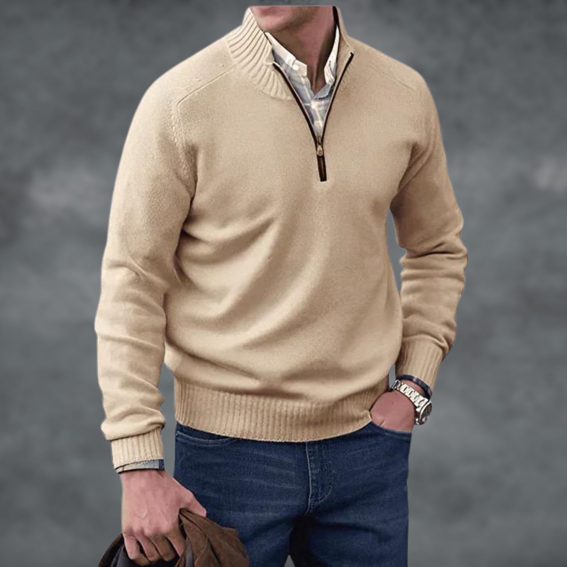 Halb-Reißverschluss Pullover - Kaschmir - Stehkragen - Steckbrücke - Strickpullover-Beige-S-Chaps Herrenmode