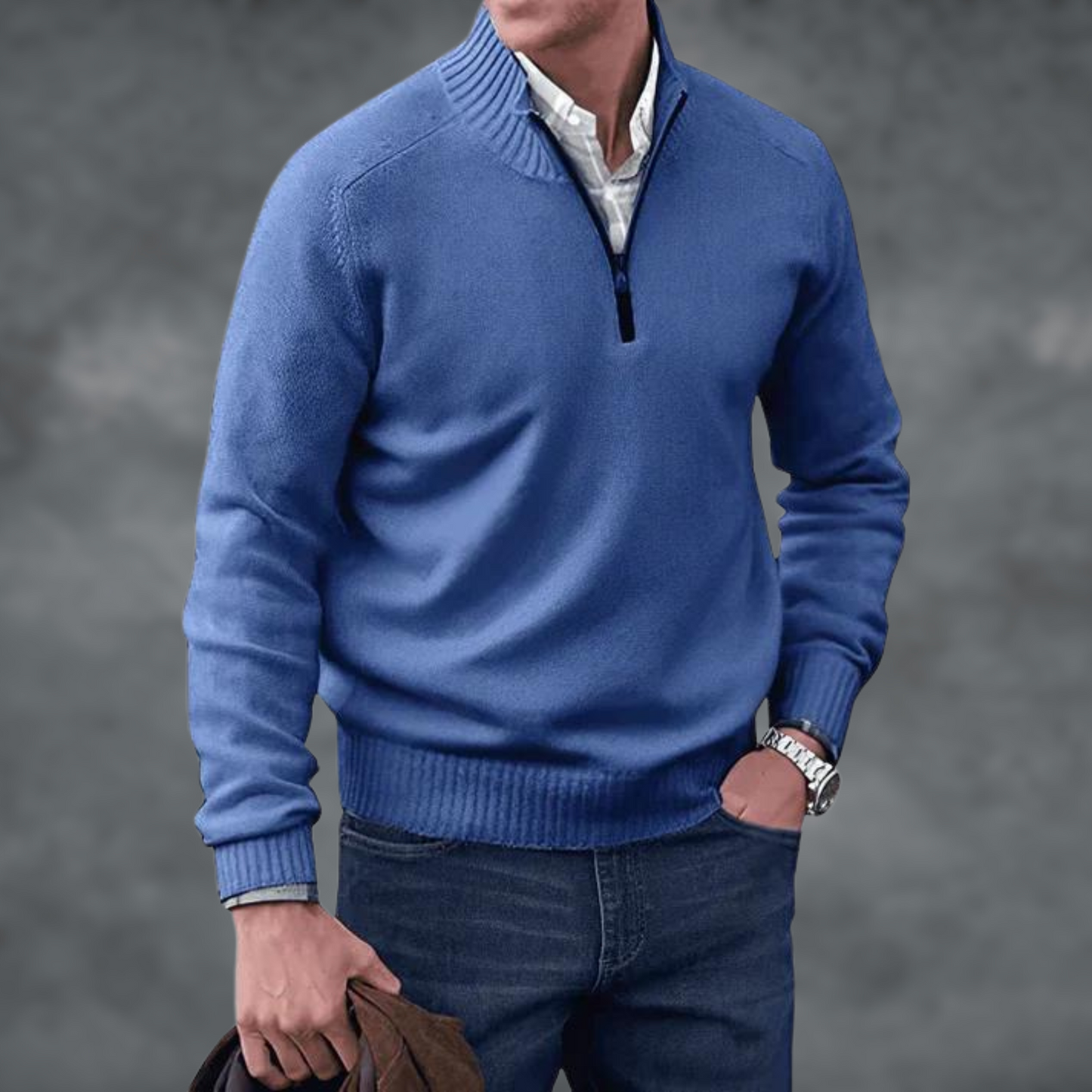 Halb-Reißverschluss Pullover - Kaschmir - Stehkragen - Steckbrücke - Strickpullover-Blau-S-Chaps Herrenmode