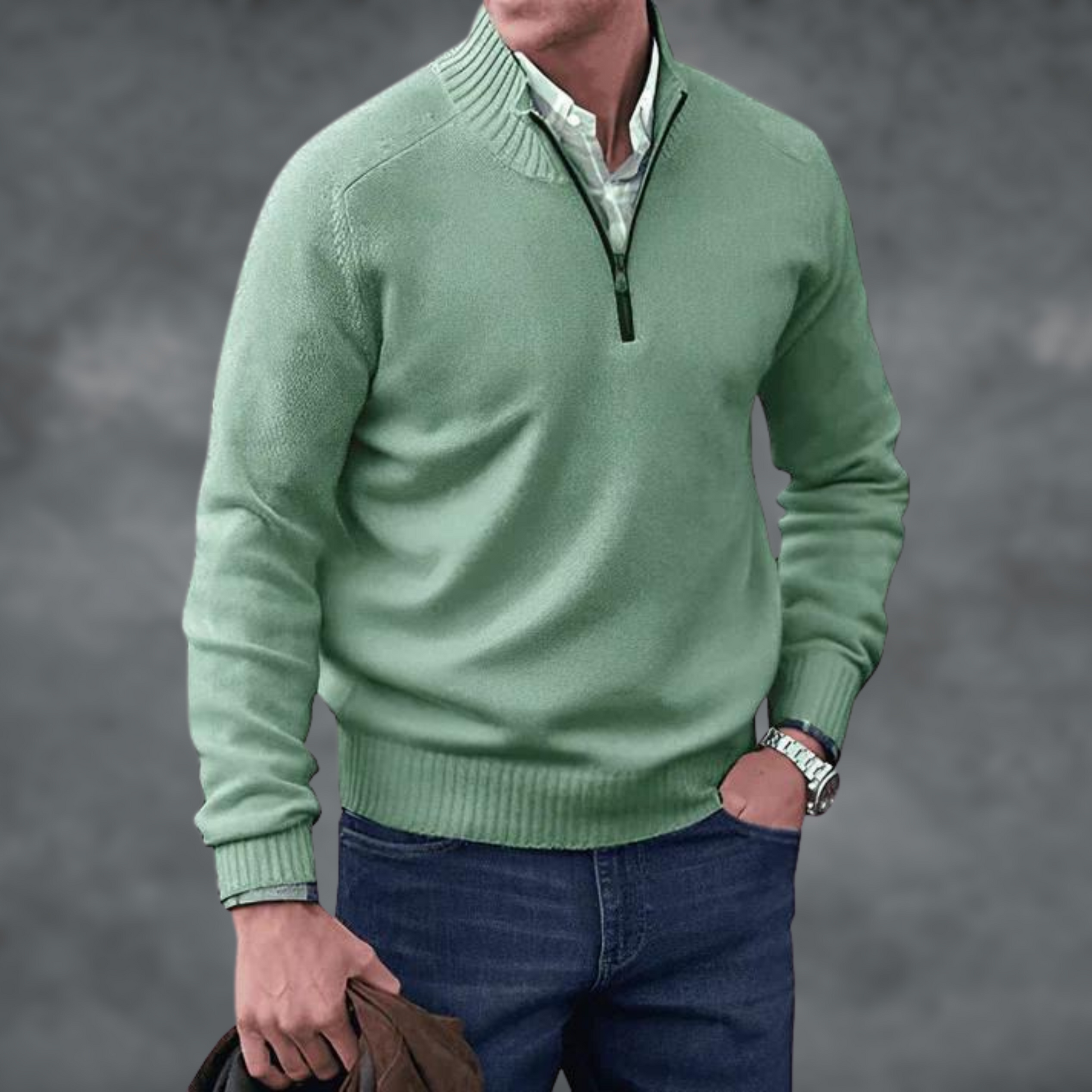 Halb-Reißverschluss Pullover - Kaschmir - Stehkragen - Steckbrücke - Strickpullover-Grün-S-Chaps Herrenmode