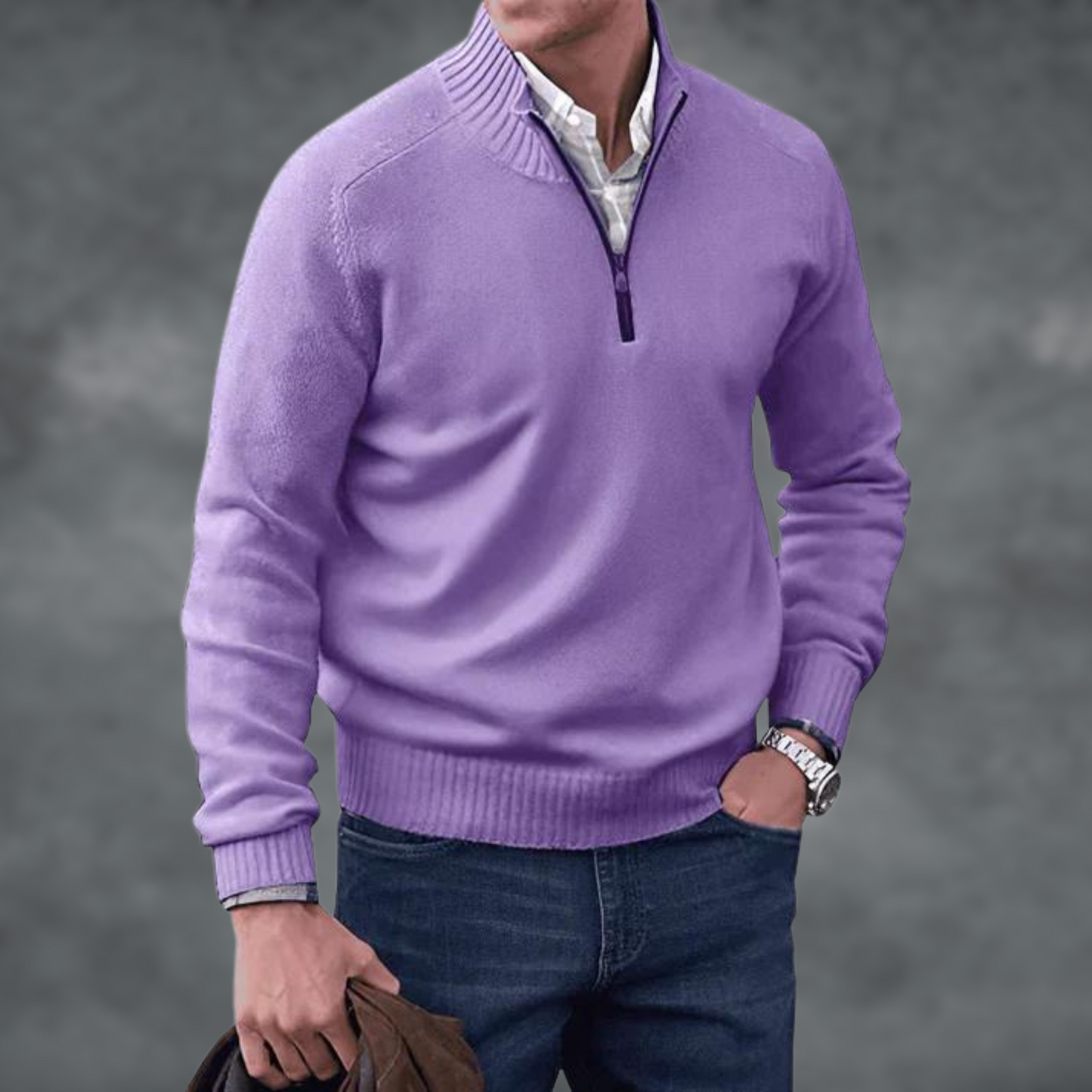 Halb-Reißverschluss Pullover - Kaschmir - Stehkragen - Steckbrücke - Strickpullover-Lila-S-Chaps Herrenmode