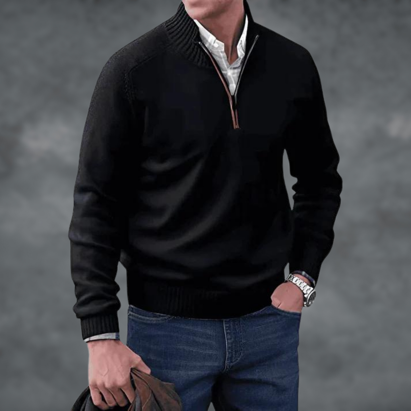 Halb-Reißverschluss Pullover - Kaschmir - Stehkragen - Steckbrücke - Strickpullover-Schwarz-S-Chaps Herrenmode