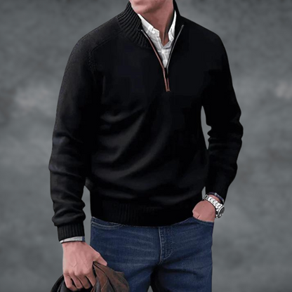 Halb-Reißverschluss Pullover - Kaschmir - Stehkragen - Steckbrücke - Strickpullover-Schwarz-S-Chaps Herrenmode