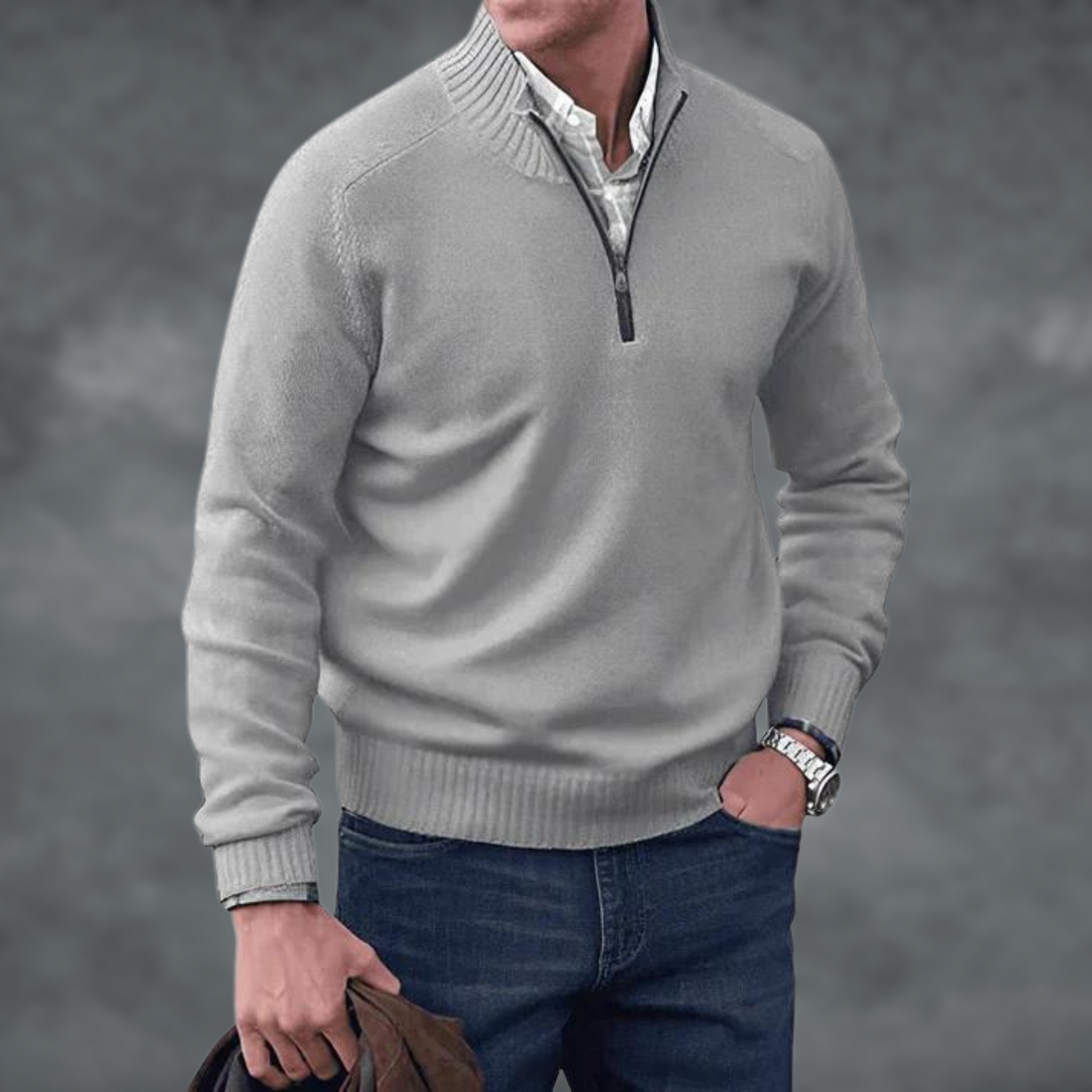 Halber Reißverschluss Pullover - Herren Stehkragen Strickpullover-Grau-S-Chaps Herrenmode