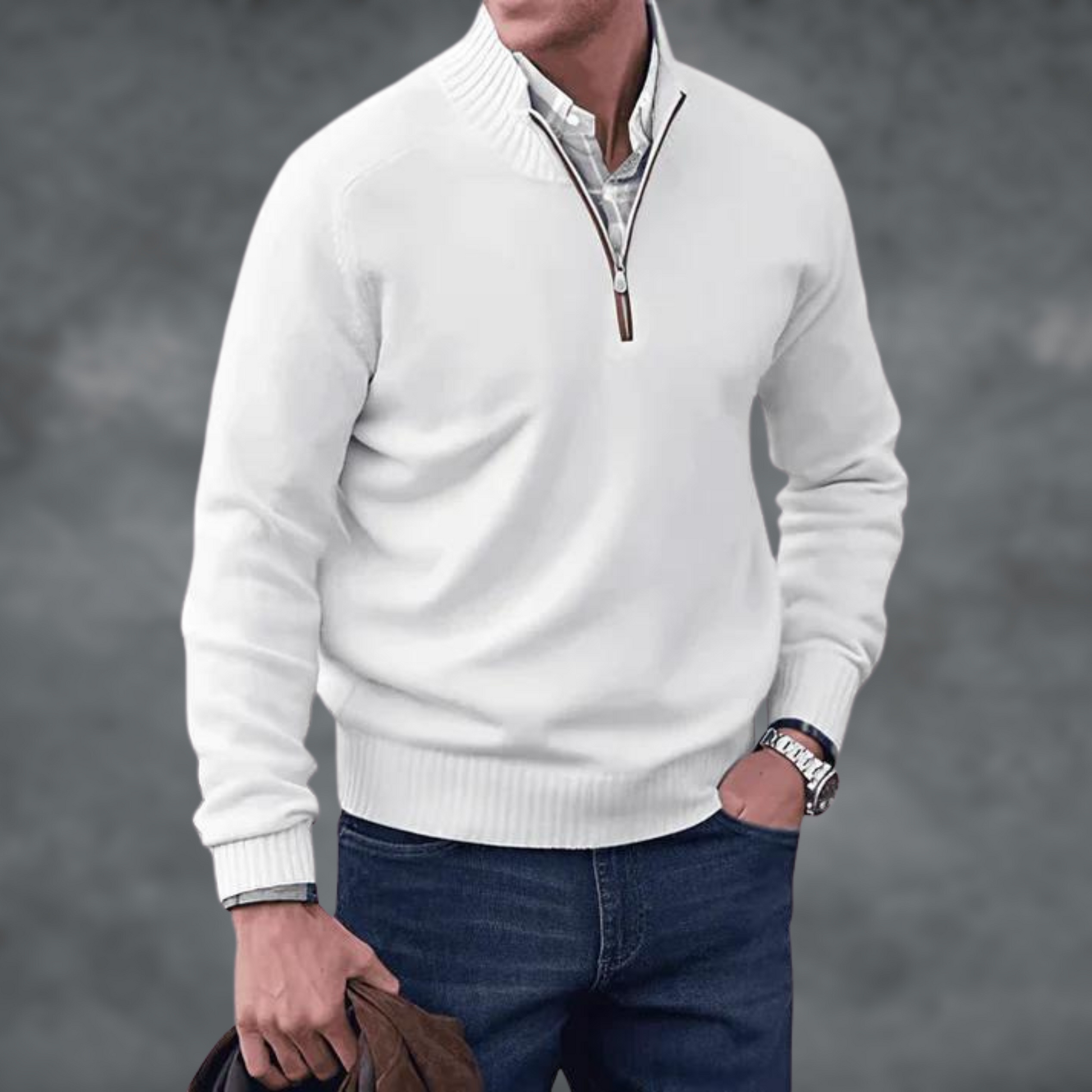 Halber Reißverschluss Pullover - Herren Stehkragen Strickpullover-Weiß-S-Chaps Herrenmode
