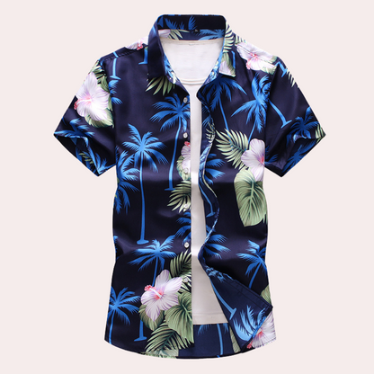 Hawaiihemd | Bedruckt | Mit Knöpfen | Kurzarmhemd | Sommerhemd für Männer-Marineblau-S-Chaps Herrenmode