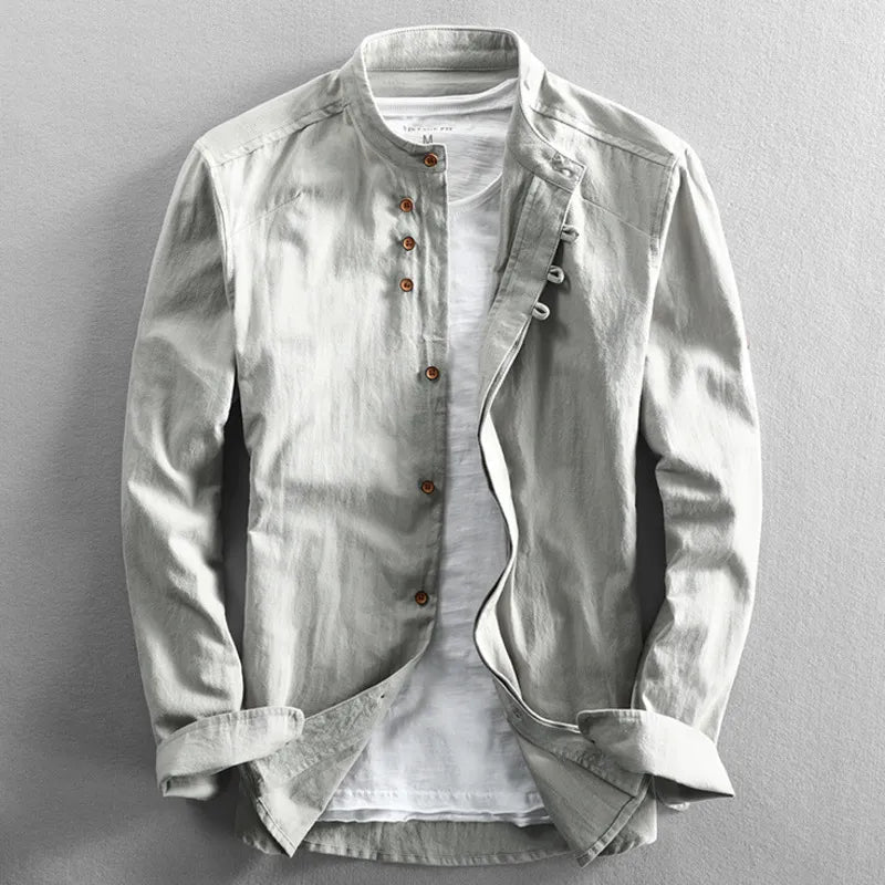 Hemd mit Knopfleiste | Klassisch | Japanischer Stil | Langarm | Herrenhemd-Grau-S-Chaps Herrenmode