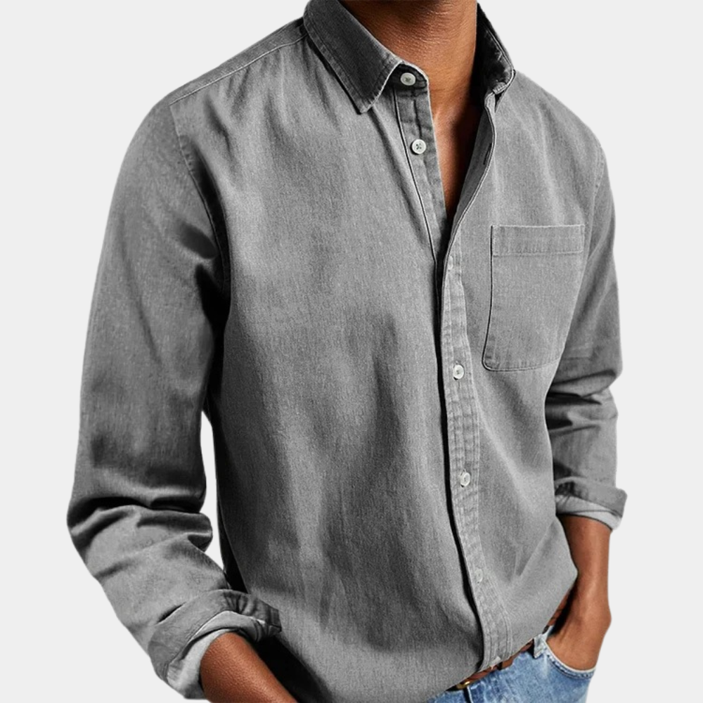 Hemd mit Knopfleiste | Langarm | Denim Hemd | Herrenhemden-Grau-S-Chaps Herrenmode