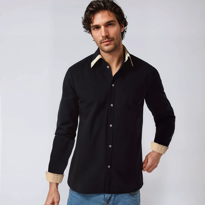 Hemd mit Knopfleiste | Lässig | Halskrause | Langarmhemd | Herrenhemd-Schwarz-S-Chaps Herrenmode