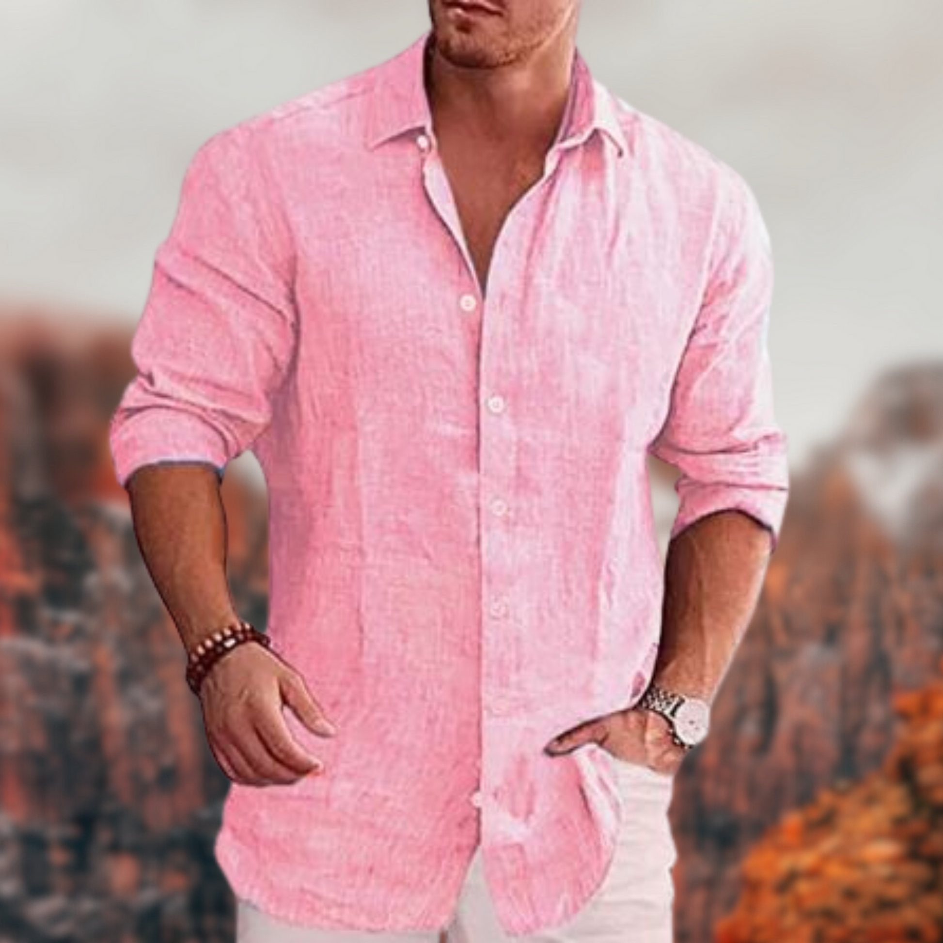 Hemd mit Knopfleiste - Lässiges Herrenhemd mit langen Ärmeln und Umlegekragen-Rosa-S-Chaps Herrenmode