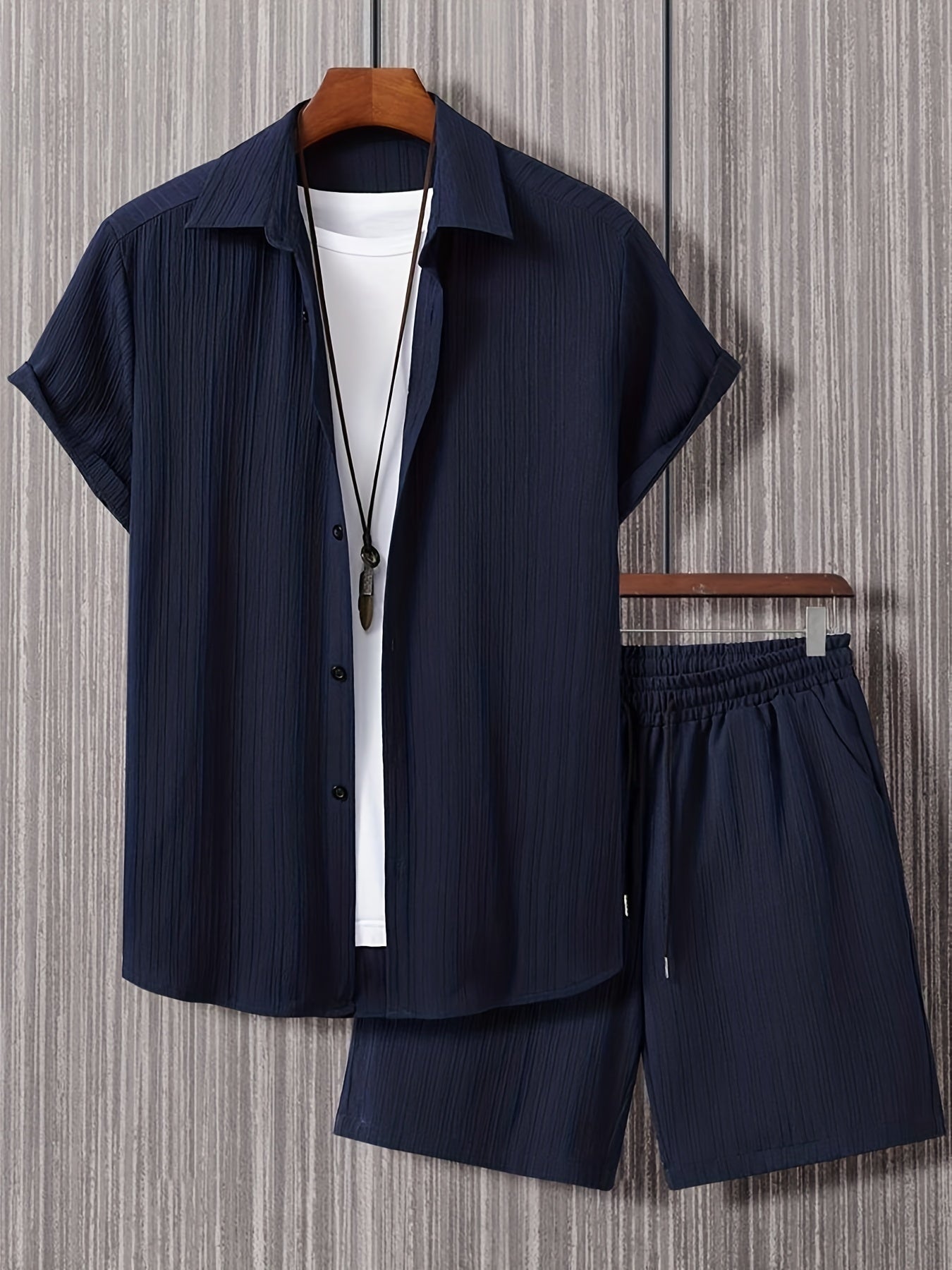 Hemd- und Shorts-Set | Mit Knöpfen | Kurzarm | Zweiteiliges Set | Herrenbekleidung-Marineblau-S-Chaps Herrenmode