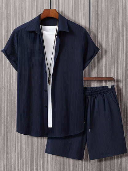 Hemd- und Shorts-Set | Mit Knöpfen | Kurzarm | Zweiteiliges Set | Herrenbekleidung-Marineblau-S-Chaps Herrenmode