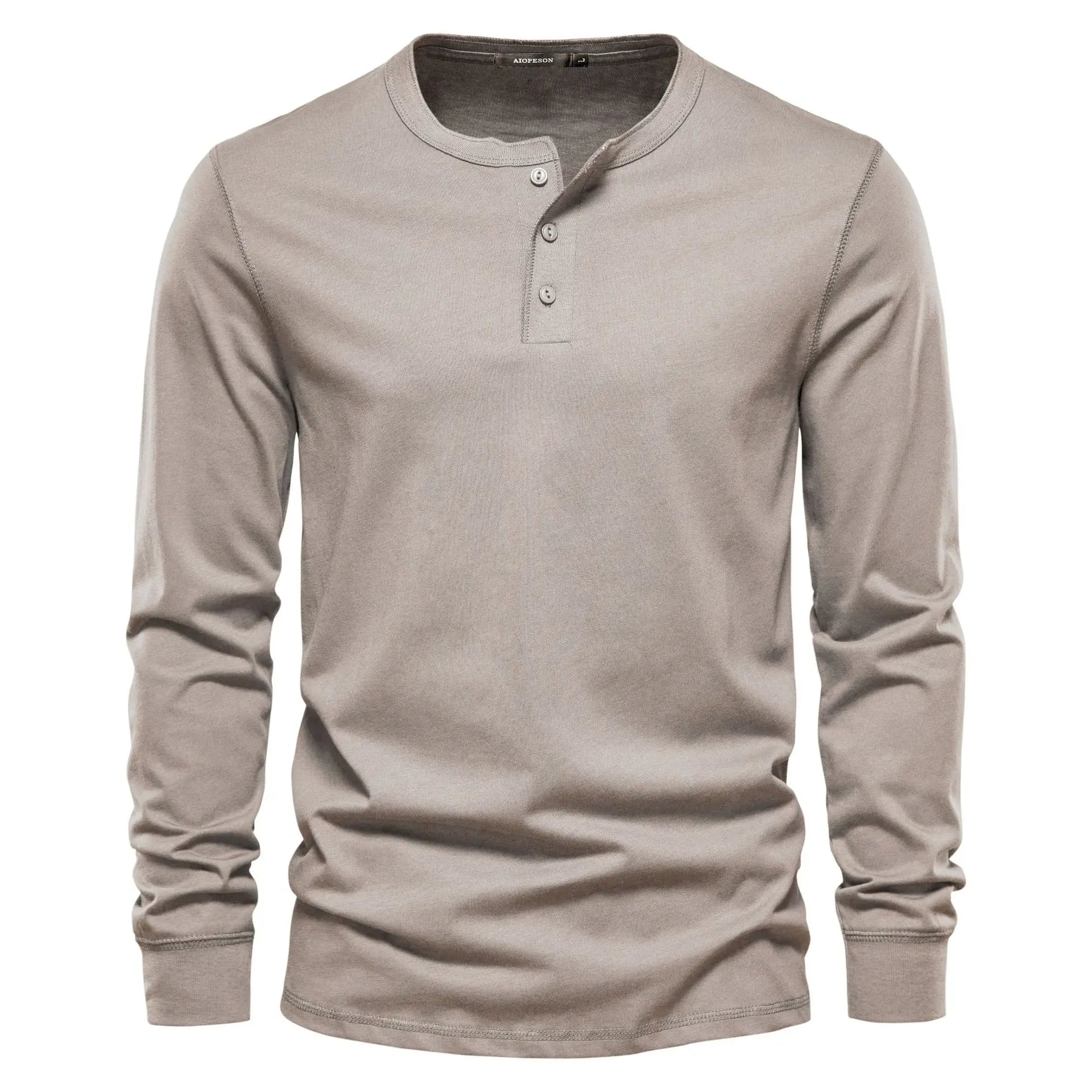 Henley Shirt | Einfarbig | Knopfleiste | Langarm T-Shirt | Herrenbekleidung-Beige-S-Chaps Herrenmode