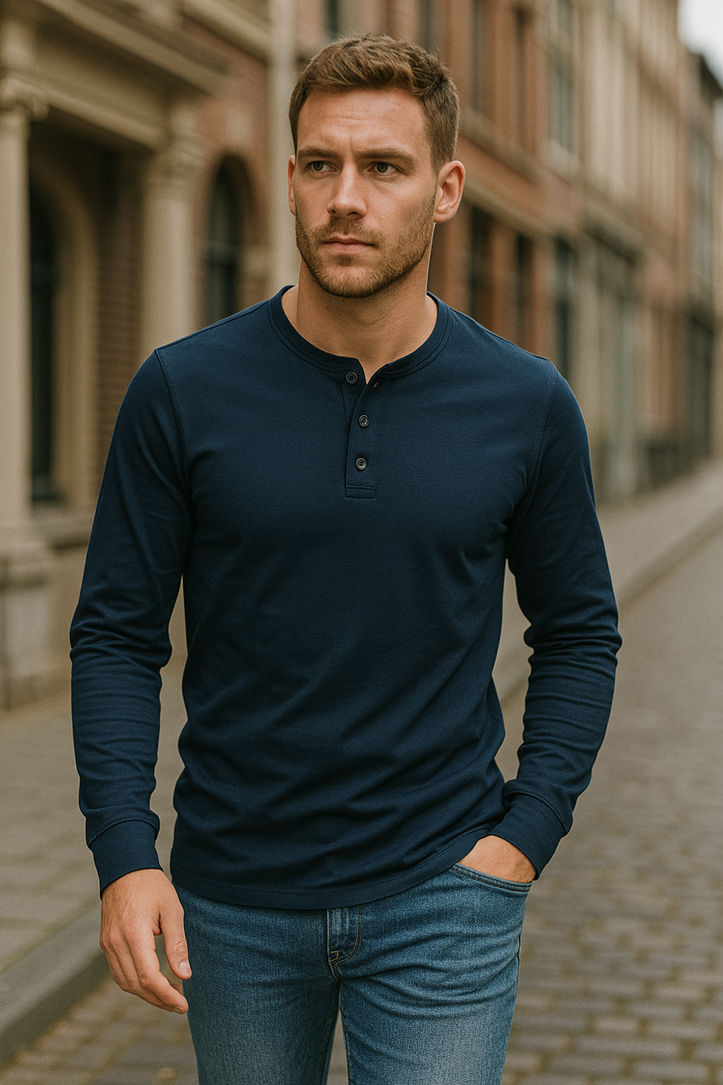Henley Shirt | Einfarbig | Knopfleiste | Langarm T-Shirt | Herrenbekleidung-Chaps Herrenmode