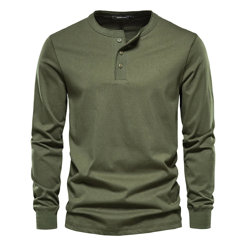 Henley Shirt | Einfarbig | Knopfleiste | Langarm T-Shirt | Herrenbekleidung-Grün-S-Chaps Herrenmode