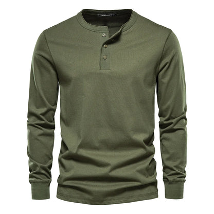 Henley Shirt | Einfarbig | Knopfleiste | Langarm T-Shirt | Herrenbekleidung-Grün-S-Chaps Herrenmode