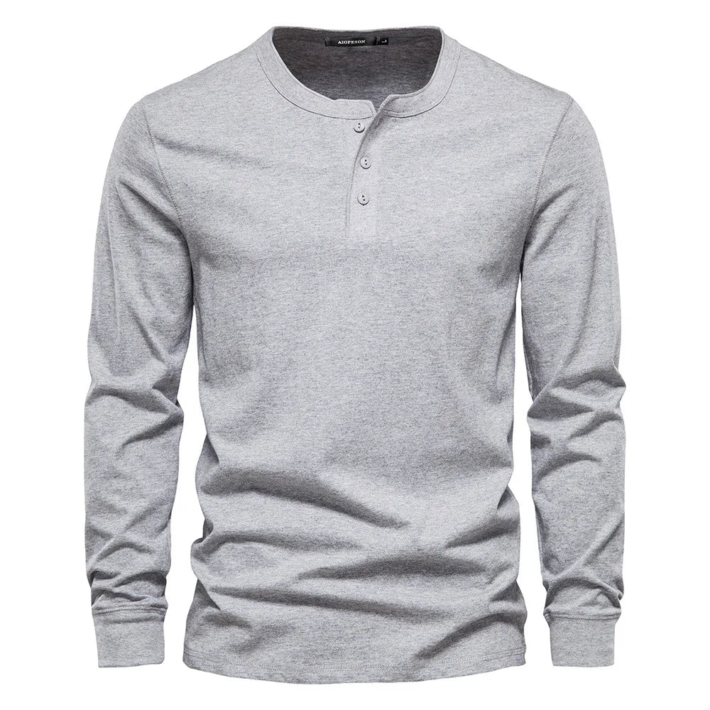 Henley Shirt | Einfarbig | Knopfleiste | Langarm T-Shirt | Herrenbekleidung-Hellgrau-S-Chaps Herrenmode