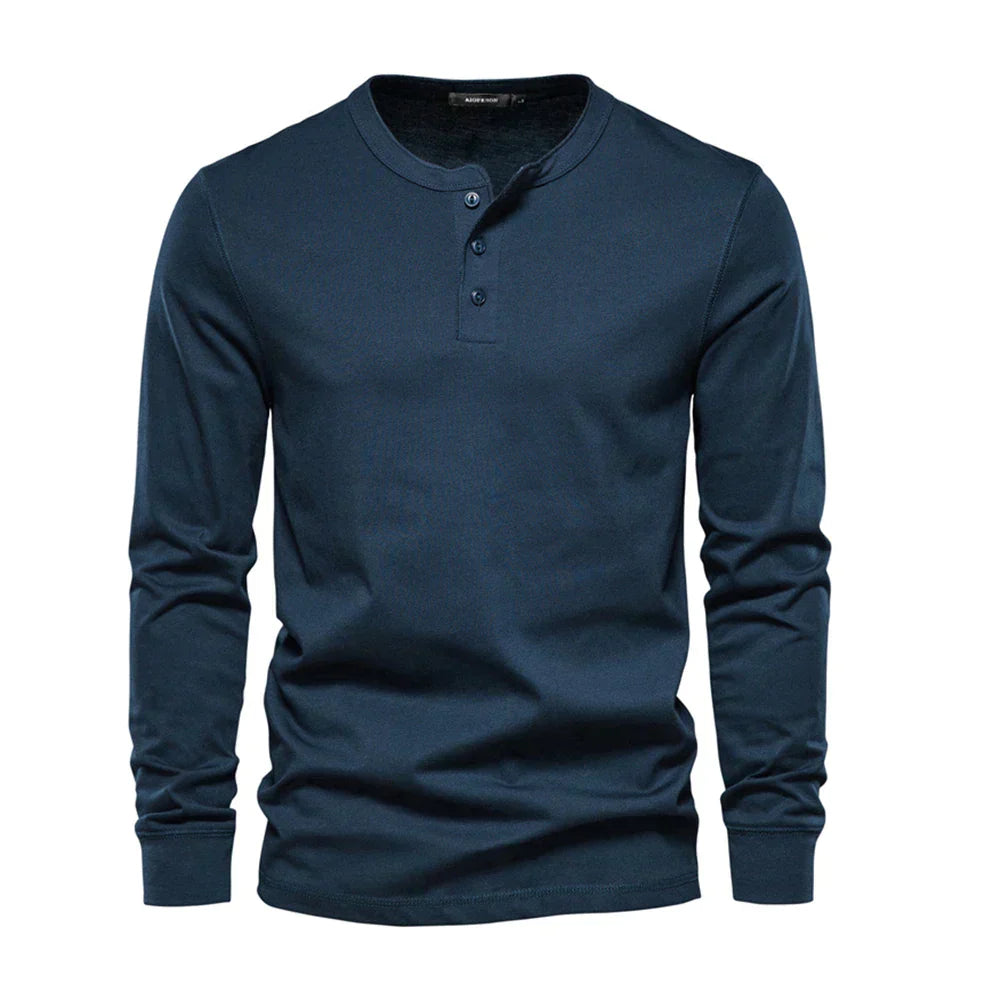 Henley Shirt | Einfarbig | Knopfleiste | Langarm T-Shirt | Herrenbekleidung-Marineblau-S-Chaps Herrenmode