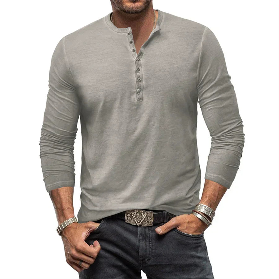 Henley-Shirt | Einfarbig | Knopfleiste am Kragen | Langärmliges T-Shirt | Herrenhemd-Chaps Herrenmode