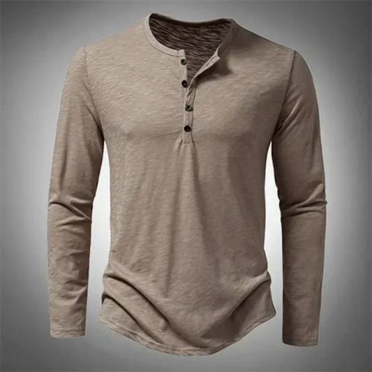 Henley-Shirt – Lässig – Halb geknöpft – Langarm-T-Shirt – Herrenbekleidung-Beige-S-Chaps Herrenmode