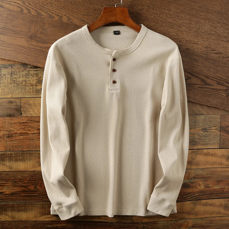 Henley Shirt – Lässiges Langarm-T-Shirt mit Knopfleiste für Männer-Beige-S-Chaps Herrenmode
