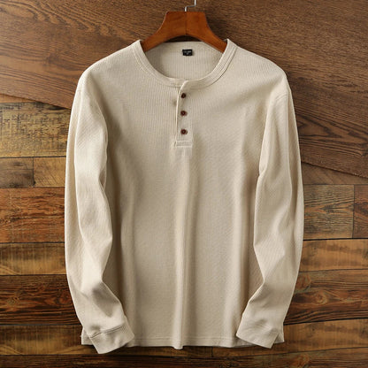 Henley Shirt – Lässiges Langarm-T-Shirt mit Knopfleiste für Männer-Beige-S-Chaps Herrenmode