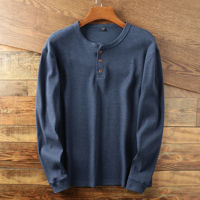 Henley Shirt – Lässiges Langarm-T-Shirt mit Knopfleiste für Männer-Blau-S-Chaps Herrenmode